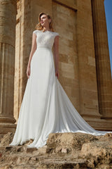 Dress For Wedding White Lace Sleeveless Open Back Bateau Neck Straight-cut With Pleated Back Train Wedding Dress Formal Women's Dresses
