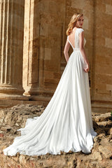 Dress For Wedding White Lace Sleeveless Open Back Bateau Neck Straight-cut With Pleated Back Train Wedding Dress Formal Women's Dresses