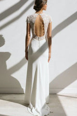Dress For Wedding Casual V-neck Sheath Empire Floor-length Sweep Train Short Sleeve Wedding Dress With Lace / Dress For Formal