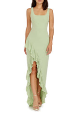 Elegant black off shoulder and floor length ruffled edge evening dress