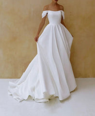 Dropped Sleeves Satin Wedding Dress Corset And Puffy Skirt With A Train Wedding Dress Simple Satin Dress Dress With Off Shoulder