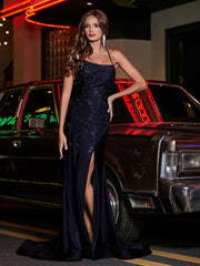 Long Beaded Open Back Jersey Gown Dark Navy