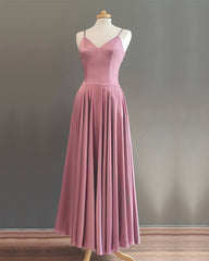 Spaghetti Straps V Neck Ankle Length Bridesmaid Dresses