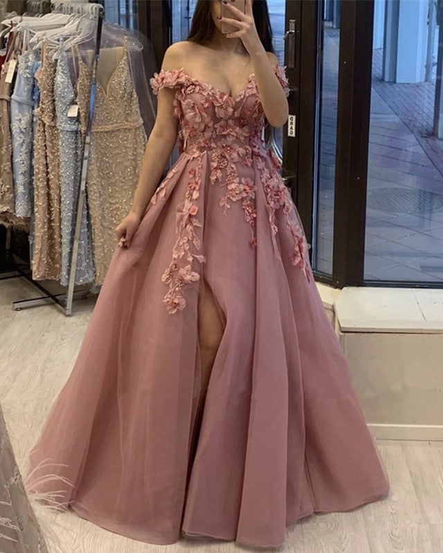 Dusty Pink Prom Dresses Off Shoulder Tulle Split