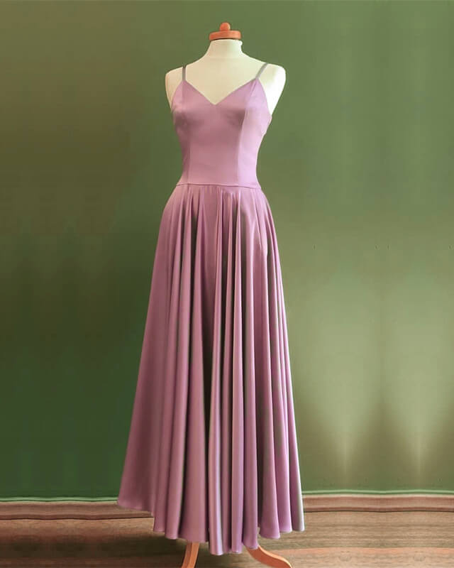 Spaghetti Straps V Neck Ankle Length Bridesmaid Dresses