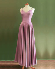 Spaghetti Straps V Neck Ankle Length Bridesmaid Dresses