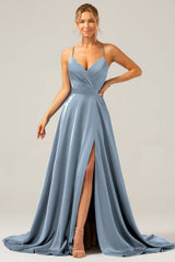 A Line Spaghetti Straps Royal Blue Satin Prom Dress with Slit