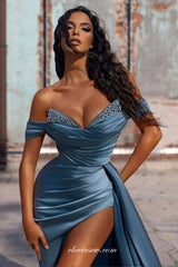 Dusty Blue Off The Shoulder Beaded Pleating Sheath High Slit Formal Dresses, CP0902