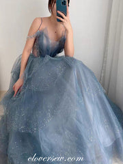 Dusty Blue Sequined Tulle Spaghetti Strap Tiered A-line Prom Dresses, CP0798