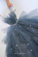 Dusty Blue Sequined Tulle Spaghetti Strap Tiered A-line Prom Dresses, CP0798