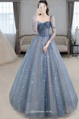 Dusty Blue Star Sequined Tulle Long Sleeves Vintage Prom Dresses, CP0797