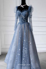 Dusty Blue Star Sequined Tulle Long Sleeves Vintage Prom Dresses, CP0797