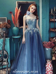 Dusty Blue Tulle Lace Applique Feather Spaghetti Strap A-line Prom Dresses, CP0795