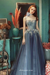 Dusty Blue Tulle Lace Applique Feather Spaghetti Strap A-line Prom Dresses, CP0795