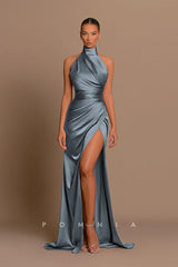 P1228 - High Neck Pleats Sleeveless Side Slit Satin Foemal Prom Evening Dress