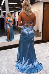 P1039 - Simple Spaghetti Straps V-Neck Satin Prom Party Formal Dress with Slit