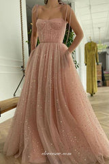 Dusty Pink Pleating Sequined Tulle A-line Long Prom Dresses, CP0760