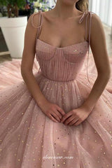 Dusty Pink Pleating Sequined Tulle A-line Long Prom Dresses, CP0760
