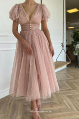 Dusty Pink Sequined Tulle Short Sleeves Fashion Tea-length Prom Dresses, CP0786
