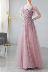 Dusty Pink Tulle Silver Beaded Short Sleeves Prom Dresses, CP0811