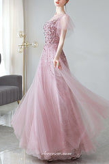 Dusty Pink Tulle Silver Beaded Short Sleeves Prom Dresses, CP0811