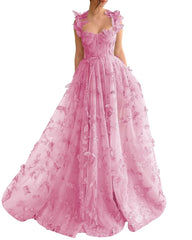 Long Tulle Prom Dress with 3D Butterflies Floor Length Formal Evening Party Gowns for Women Lace Applique