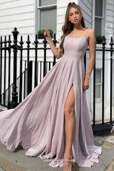 Dusty Purple Shiny Satin Spaghetti Strap Lace Up Back Prom Dresses, CP0844