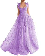 Long Tulle Prom Dress with 3D Butterflies Floor Length Formal Evening Party Gowns for Women Lace Applique