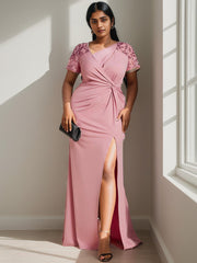 Plus Size Front Slit Short Sleeve With Sequin Mother of the Bride Dress Sexy