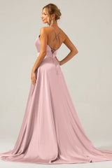A Line Spaghetti Straps Dusty Rose Satin Prom Dress with Slit