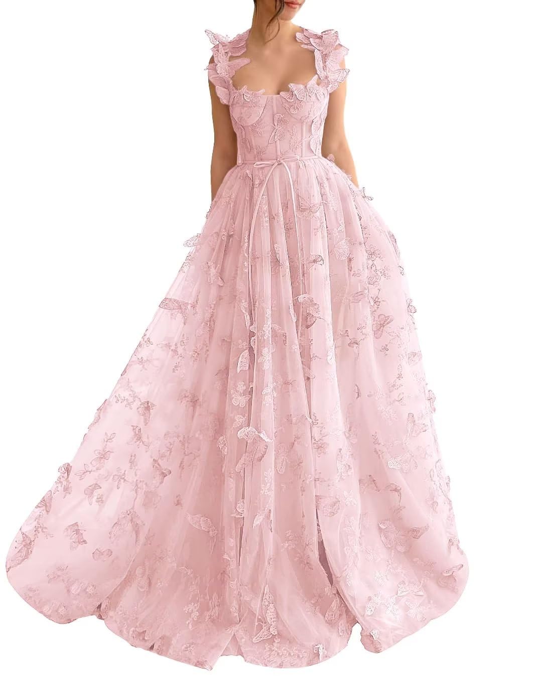 Long Tulle Prom Dress with 3D Butterflies Floor Length Formal Evening Party Gowns for Women Lace Applique