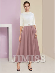 A-Line Mother of the Bride Dress Wedding Guest Elegant Vintage Jewelry Collar Tea Length Charmeuse Satin Half Sleeves with Ruffles Crystals