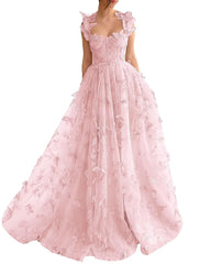 Long Tulle Prom Dress with 3D Butterflies Floor Length Formal Evening Party Gowns for Women Lace Applique