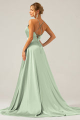 A Line Spaghetti Straps Dusty Rose Satin Prom Dress with Slit