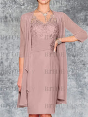 Two Piece Ruffle Chiffon Mother of the Bride Outfit Lace Short Wedding Guest Dress