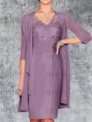 Two Piece Ruffle Chiffon Mother of the Bride Outfit Lace Short Wedding Guest Dress