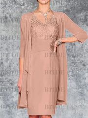 Two Piece Ruffle Chiffon Mother of the Bride Outfit Lace Short Wedding Guest Dress