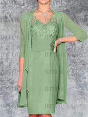 Two Piece Ruffle Chiffon Mother of the Bride Outfit Lace Short Wedding Guest Dress