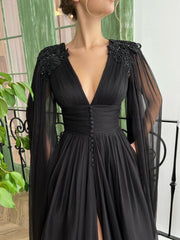 Aline Chiffon Black Long Prom Dress, V Neck Black Formal Evening Dresses