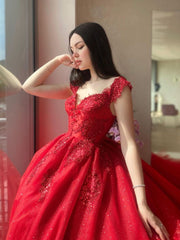 Sweetheart Neck Ball Gown Red Long Prom Dress, Red Lace Formal Graduation Dress