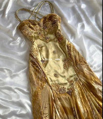Vintage Golden Sweetheart Applique A-line Spaghetti Strap Evening Dress Prom Dresses HZ1024