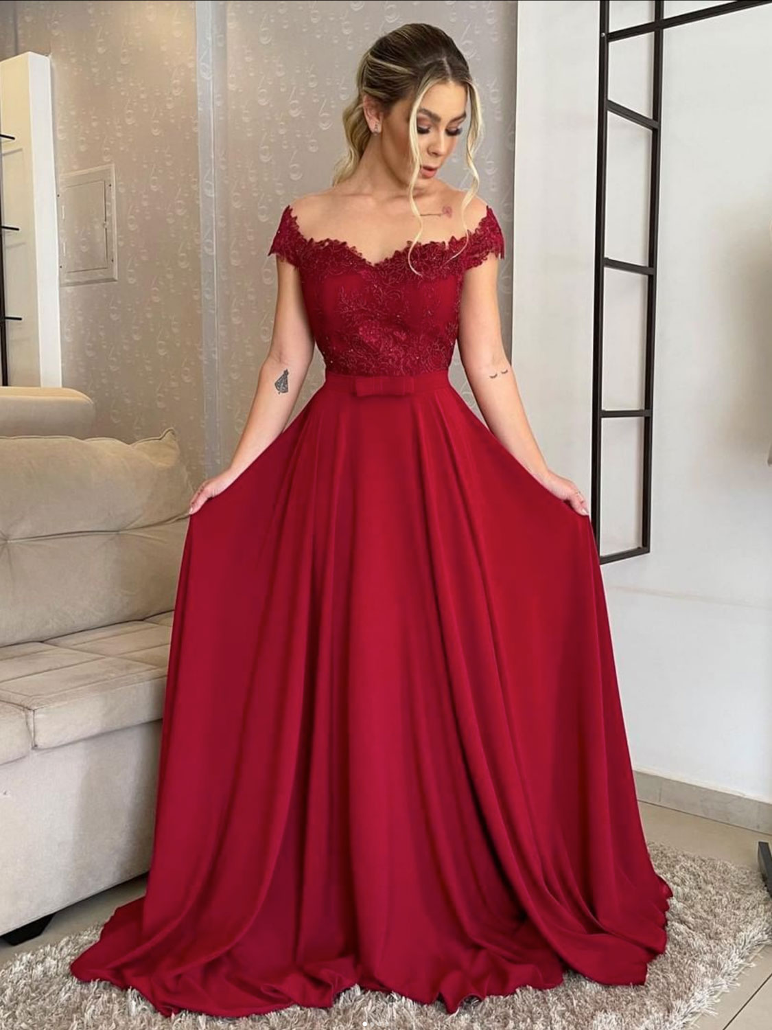Burgundy a line chiffon lace long prom dress burgundy formal dress