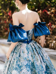 Blue A line satin long prom dress blue long evening dress