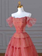 Aline Off Shoulder Long Prom Dresses, Red Formal Graduation Dress With Beading sequin