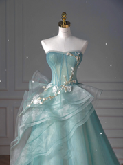 Pretty Ball Gown Sweetheart Tulle Green Long Evening Dress Prom Dresses With Ruffles HZ1024