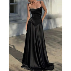 Pretty A line Spaghetti Straps Pink Satin Long Party Dresses Prom Dresses SD2705