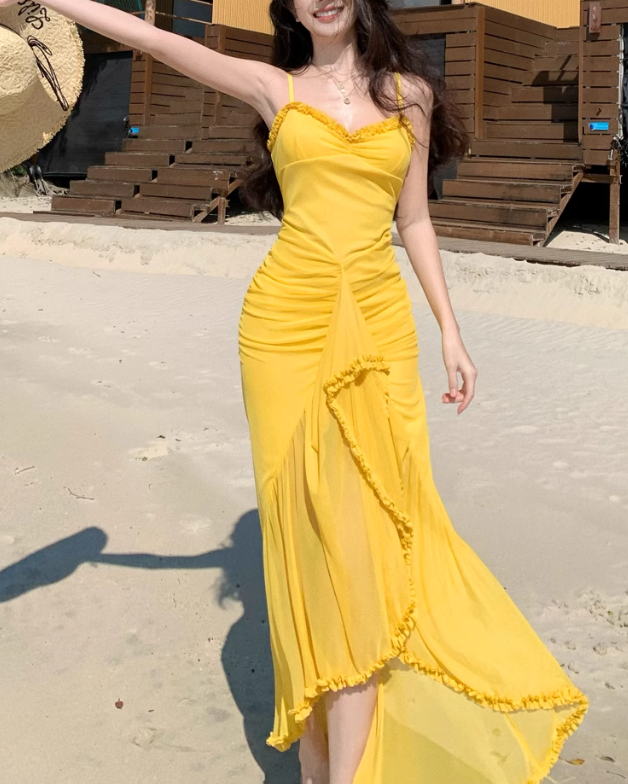 French retro yellow holiday style sling fork long skirt  ED01080