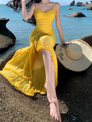 French retro yellow holiday style sling fork long skirt  ED01080