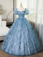 A-Line Puff Sleeves Lace Gray Blue Long Prom Dress, Gray Blue Formal Dress ED01098