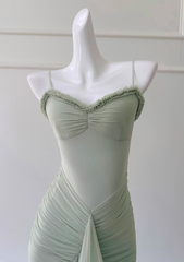 Pea green suspender long dress ED01122